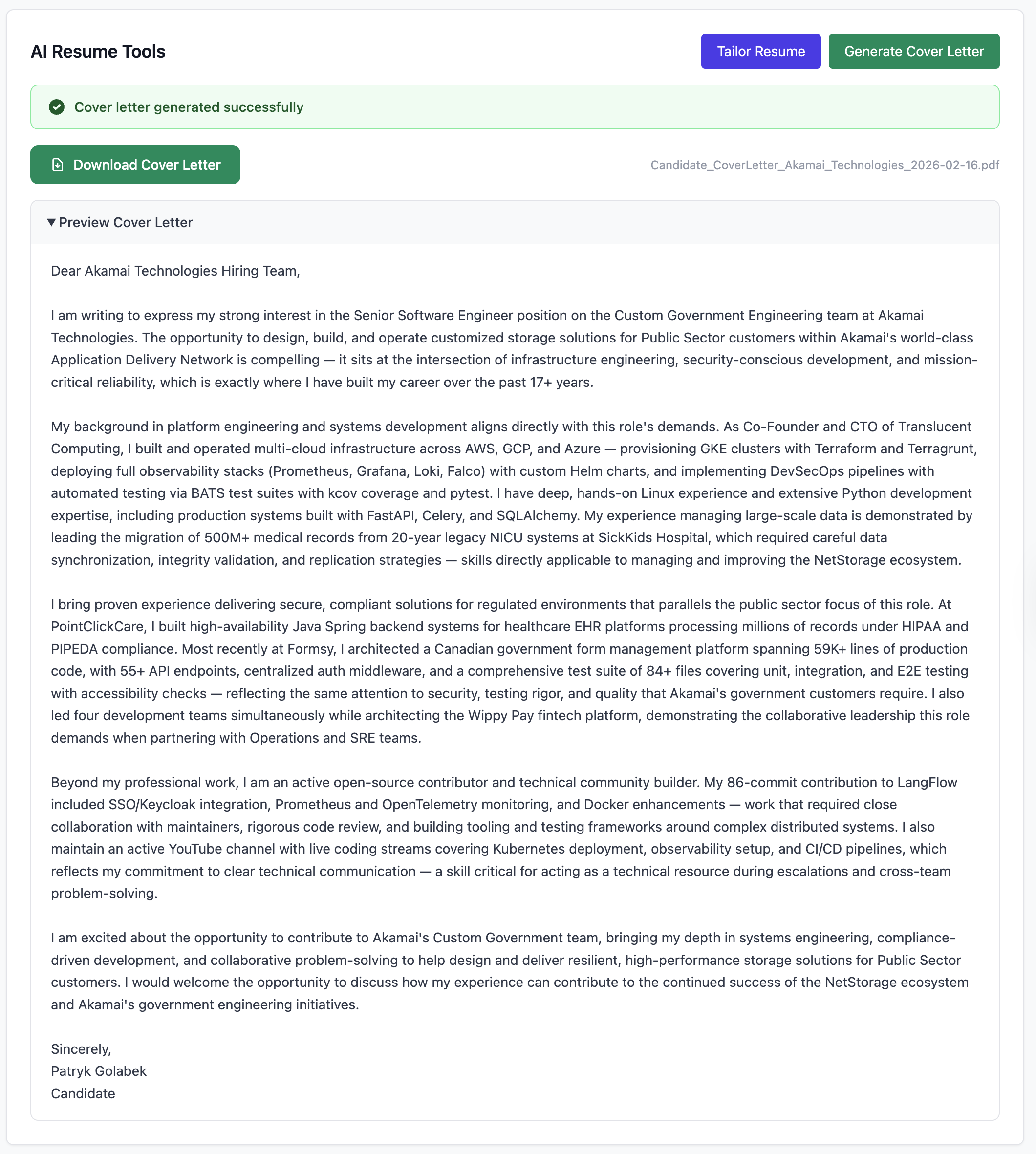 AI-generated cover letter tailored to job requirements