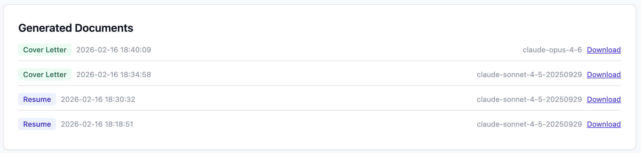 List of generated resumes and cover letters with version tracking