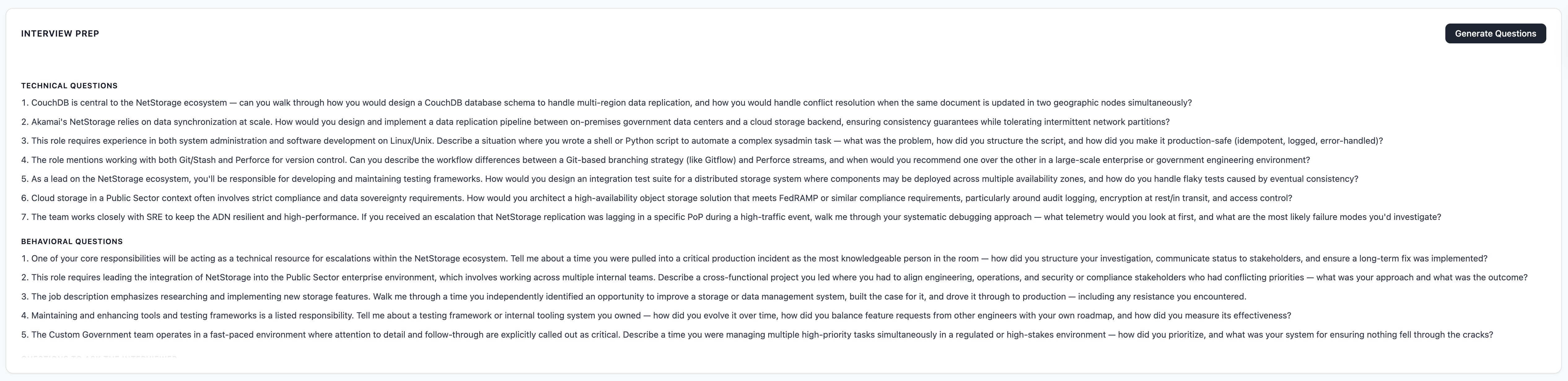 AI-generated interview questions tailored to the job description