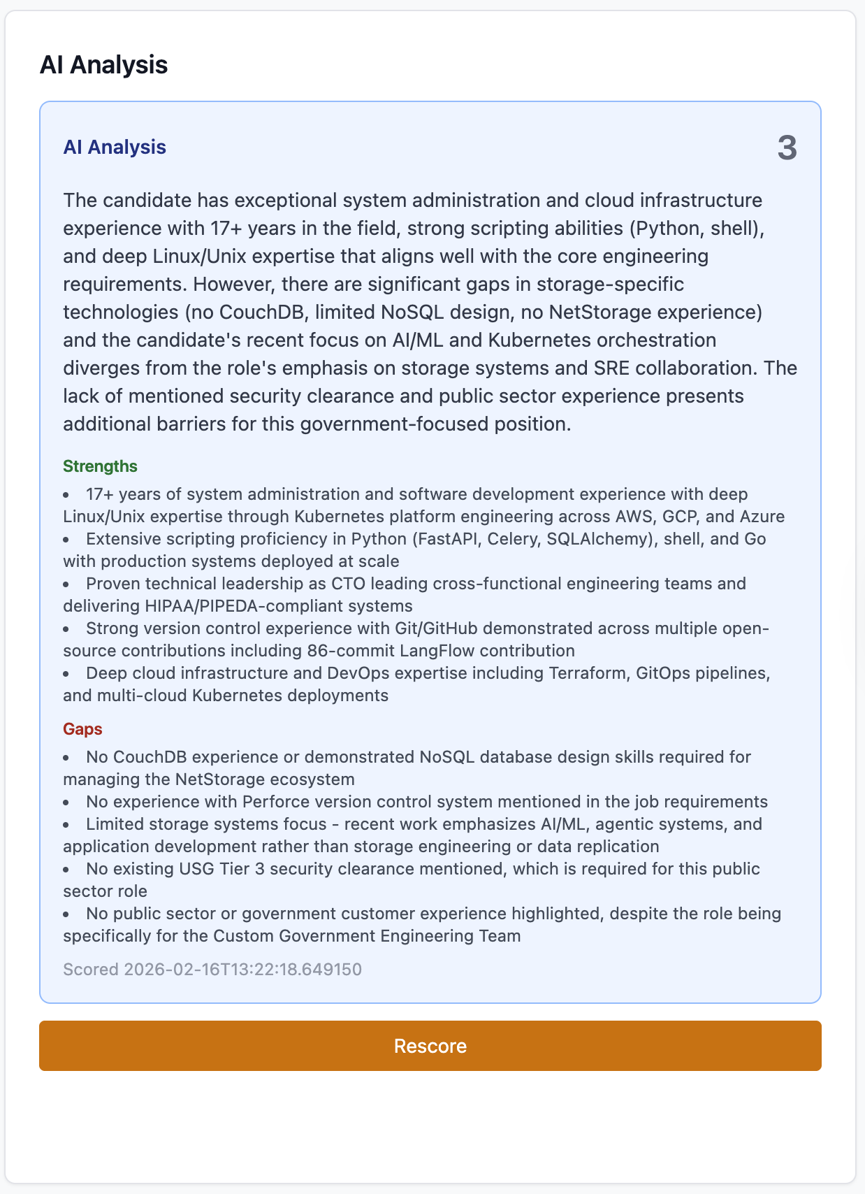 AI-powered job scoring with match breakdown and explainable criteria