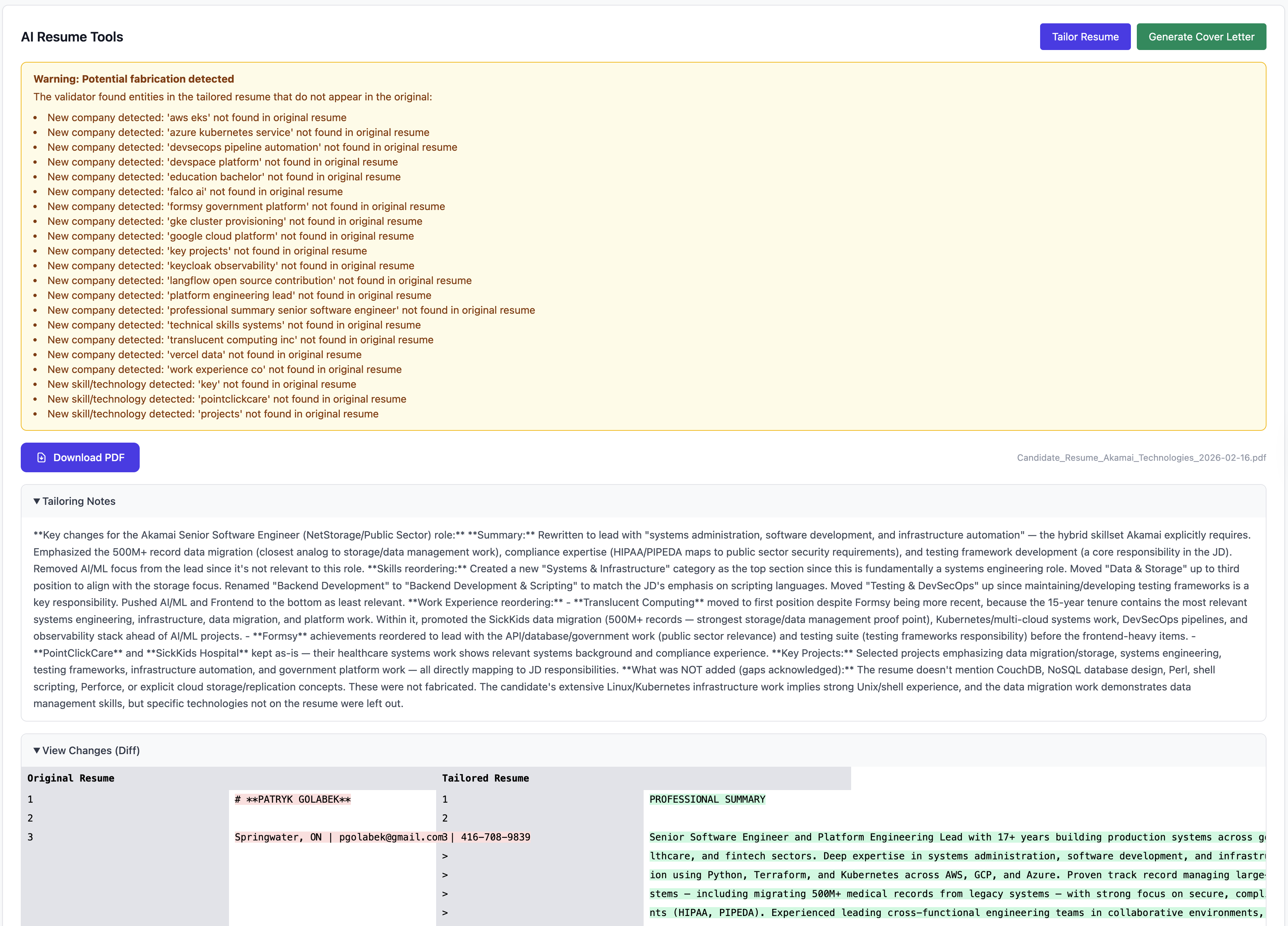Side-by-side diff showing AI-tailored resume changes highlighted in green and red